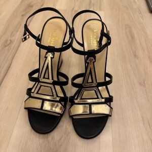 Kate Spade Inoltra Black and Gold Eiffel Tower Block Wedge Sandal